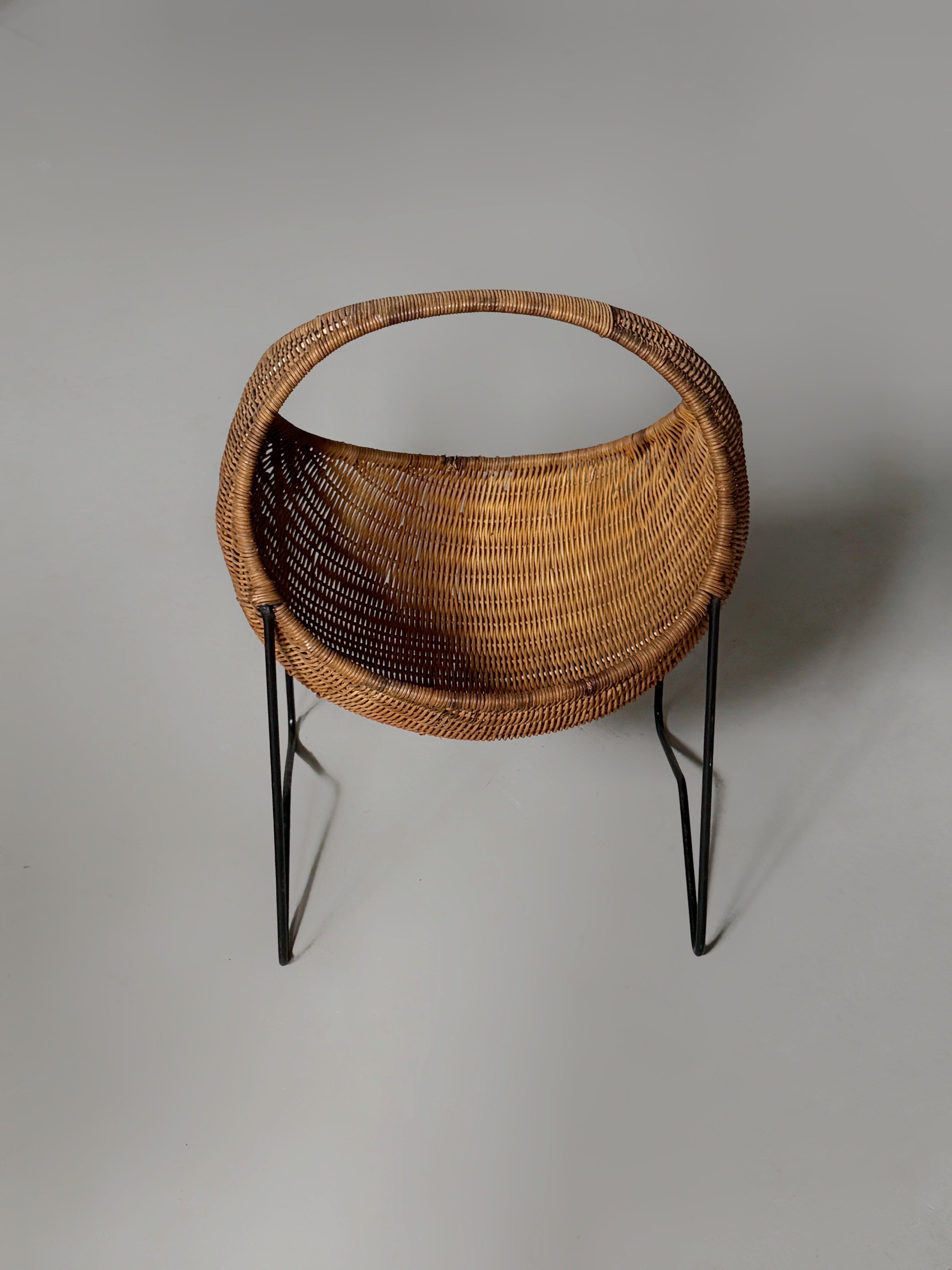 Mid-Century Modern Wicker Basket with Metal Frame Stand