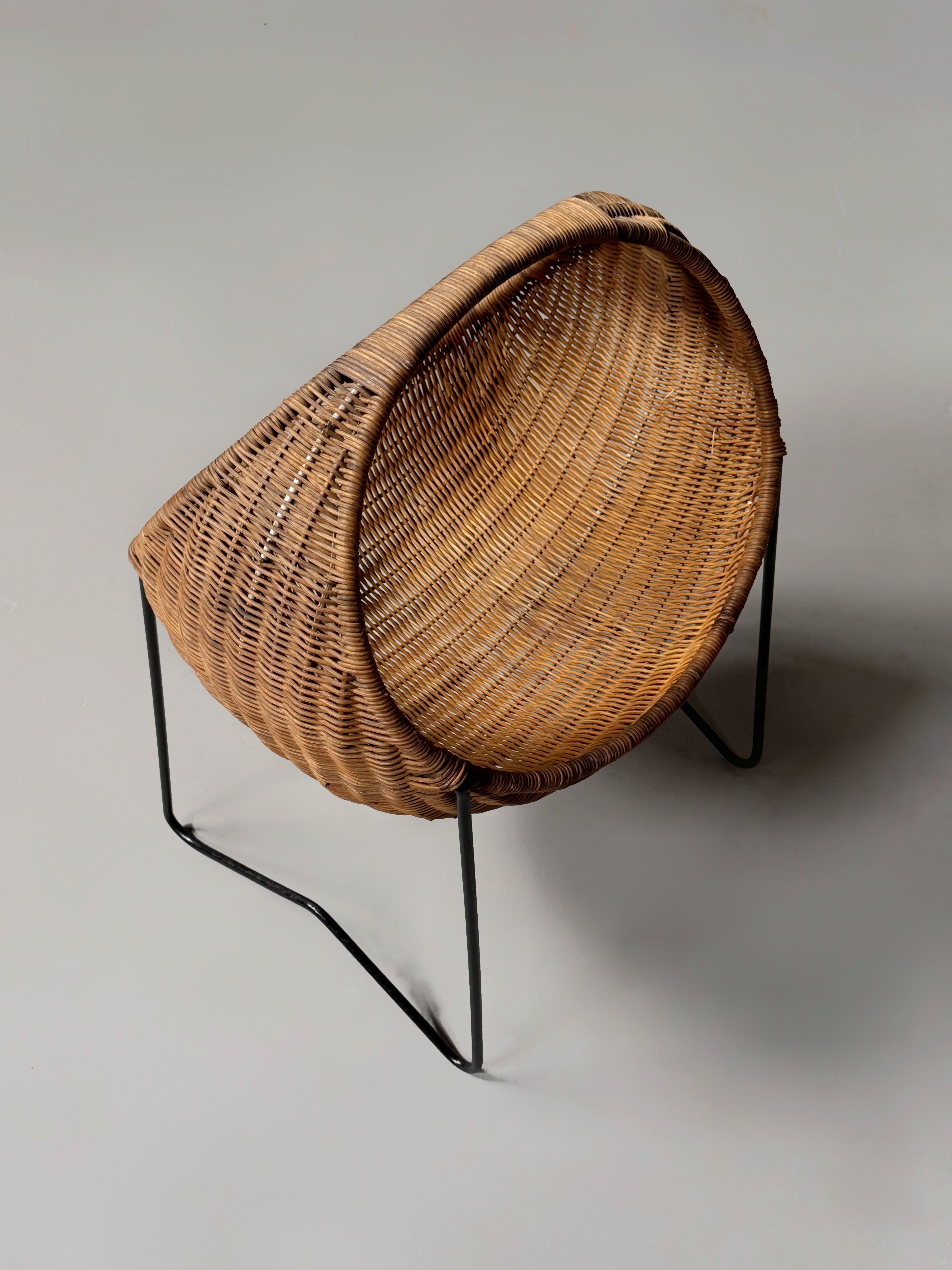 Mid-Century Modern Wicker Basket with Metal Frame Stand