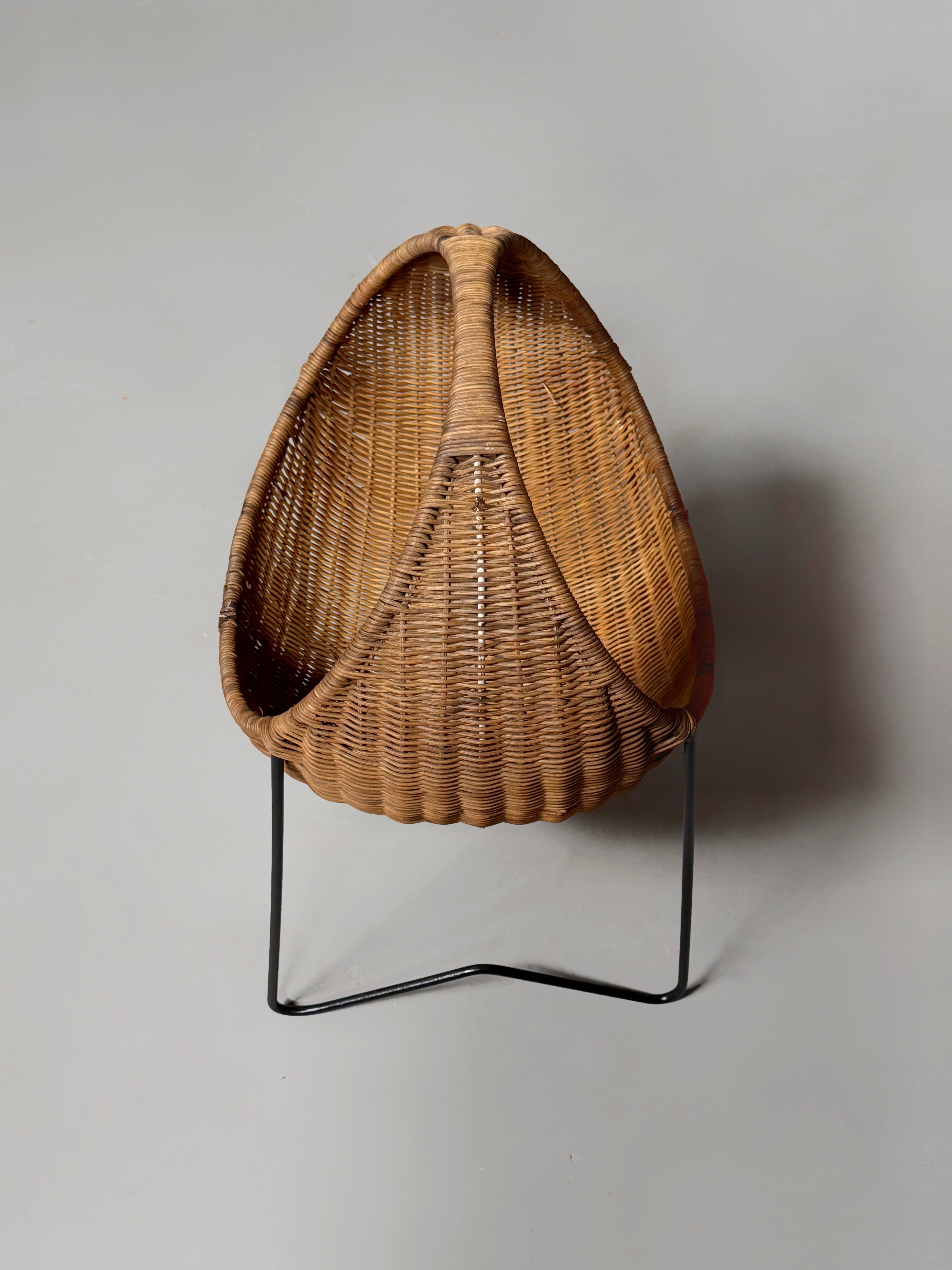 Mid-Century Modern Wicker Basket with Metal Frame Stand