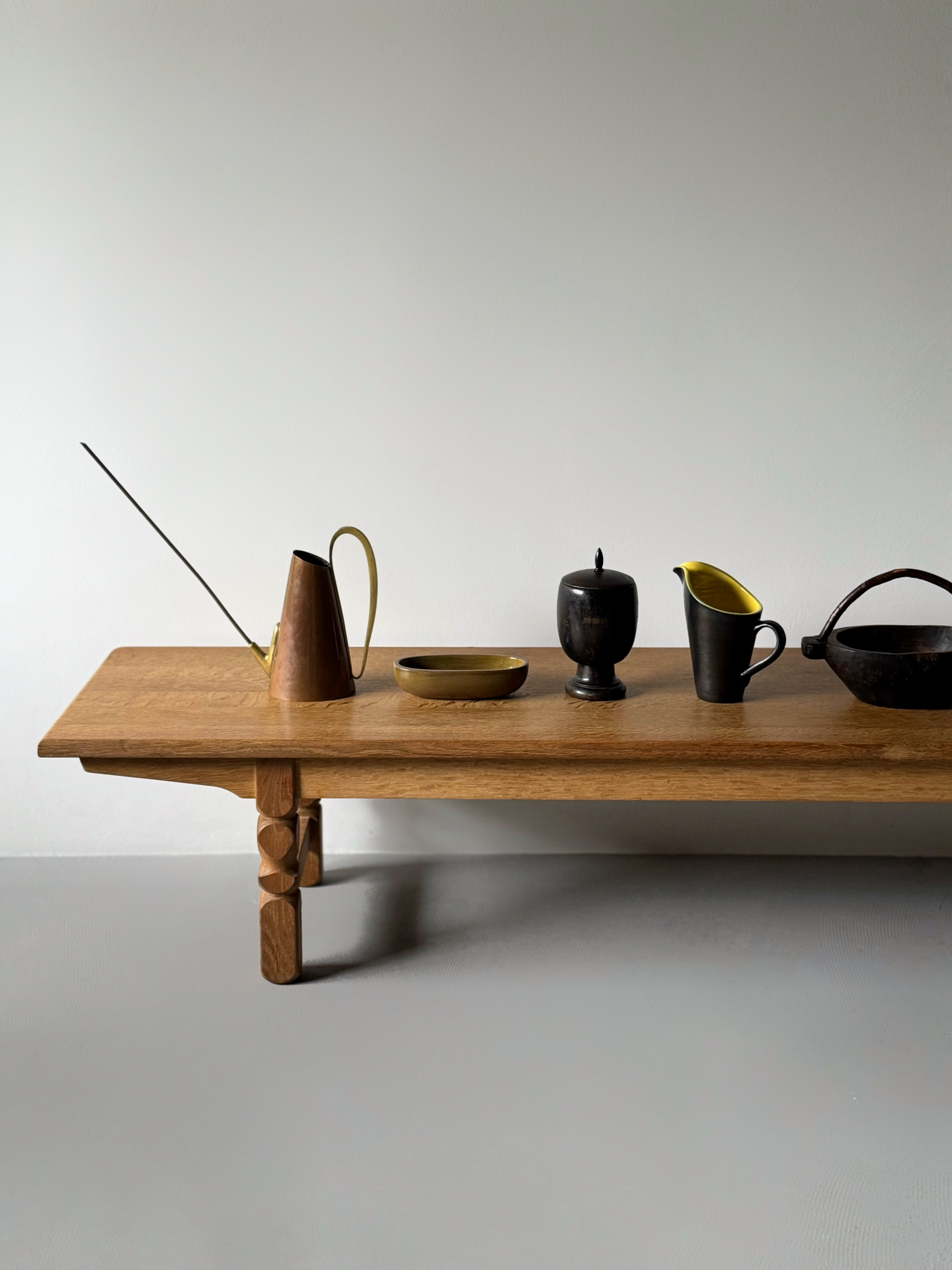 Solid oak long console table with sculpted legs Denmark 1950s