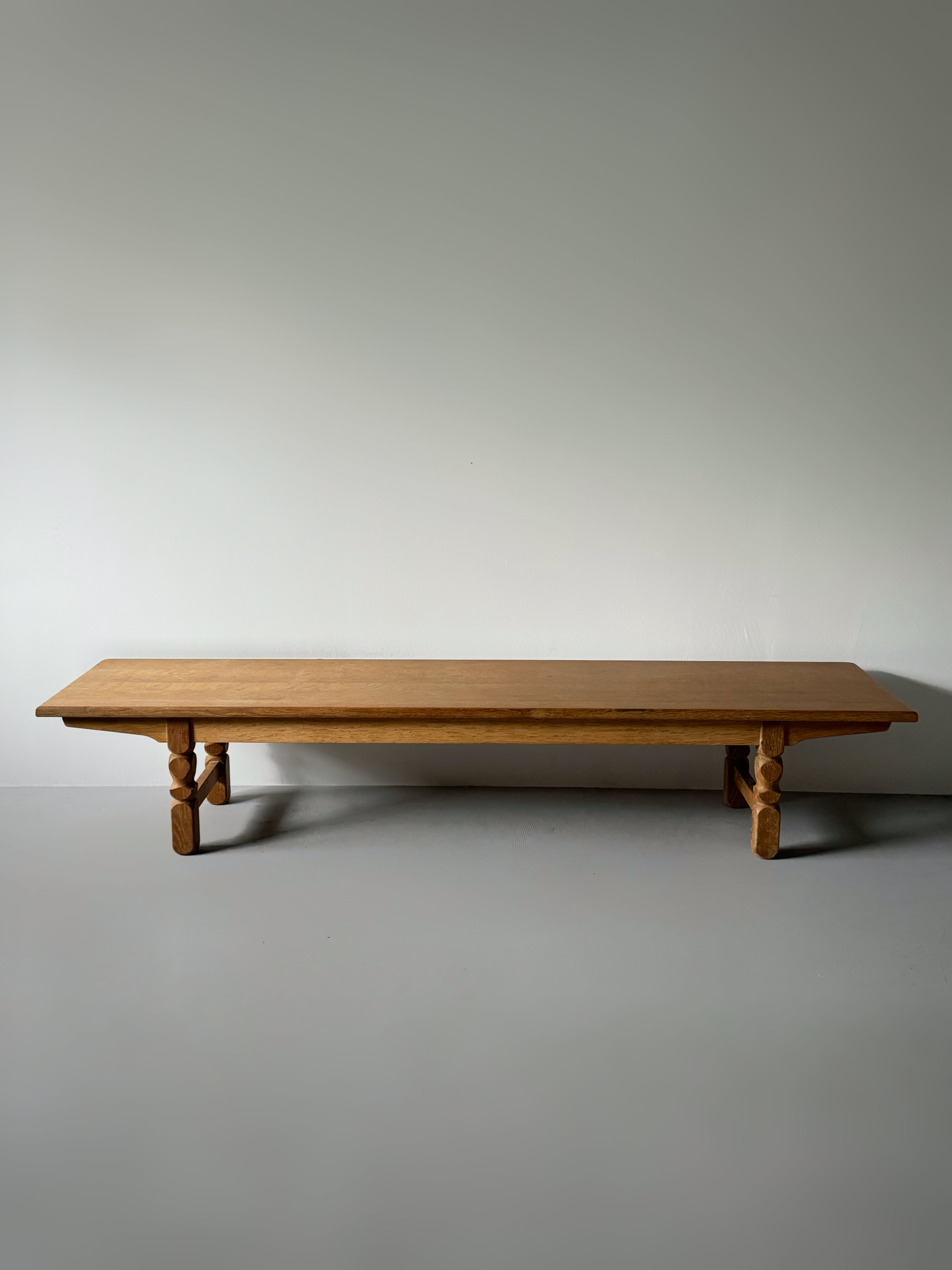 Solid oak long console table with sculpted legs Denmark 1950s