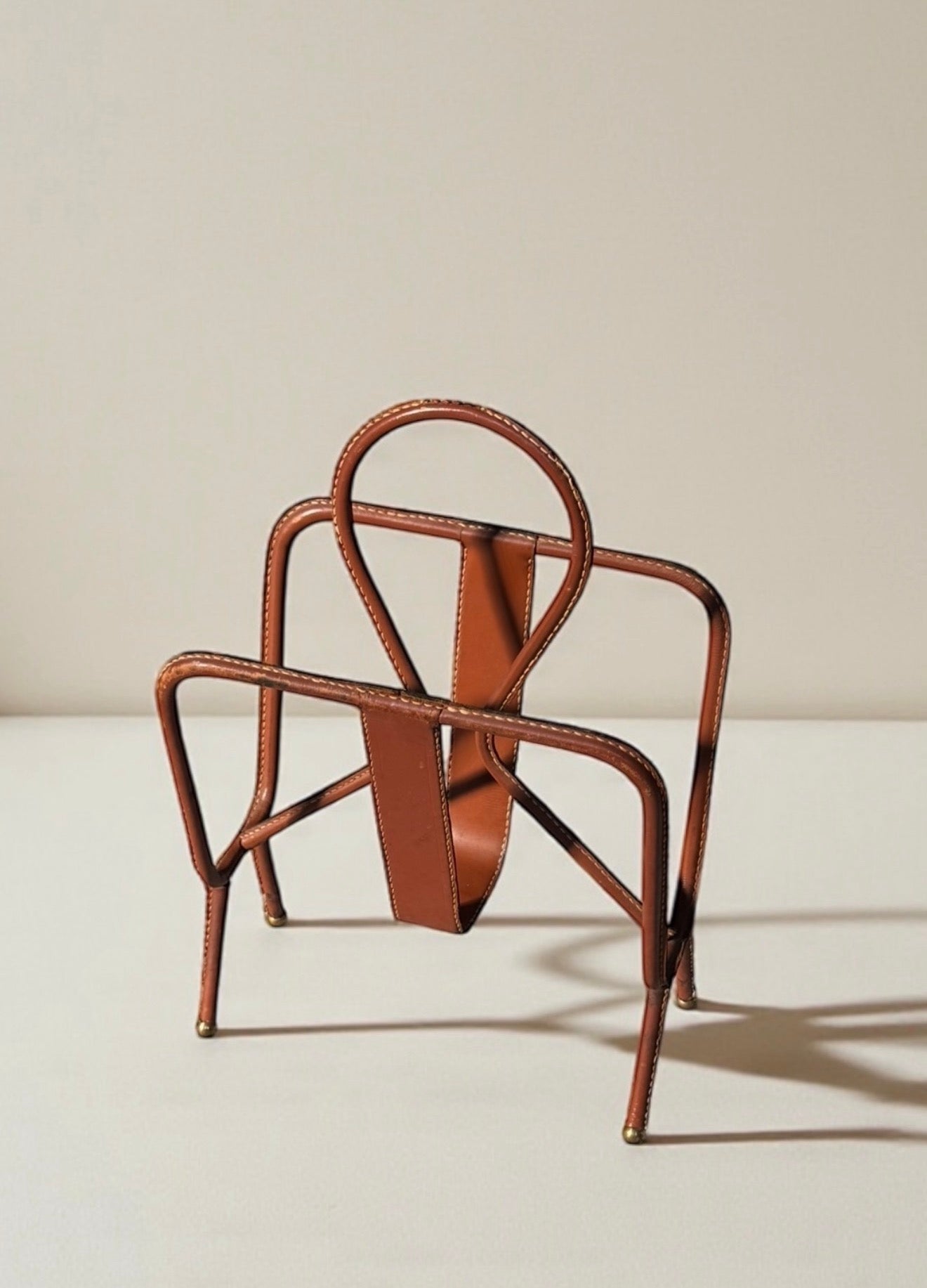 Leather Stitched Magazine Rack by Jacques Adnet, France 1950s