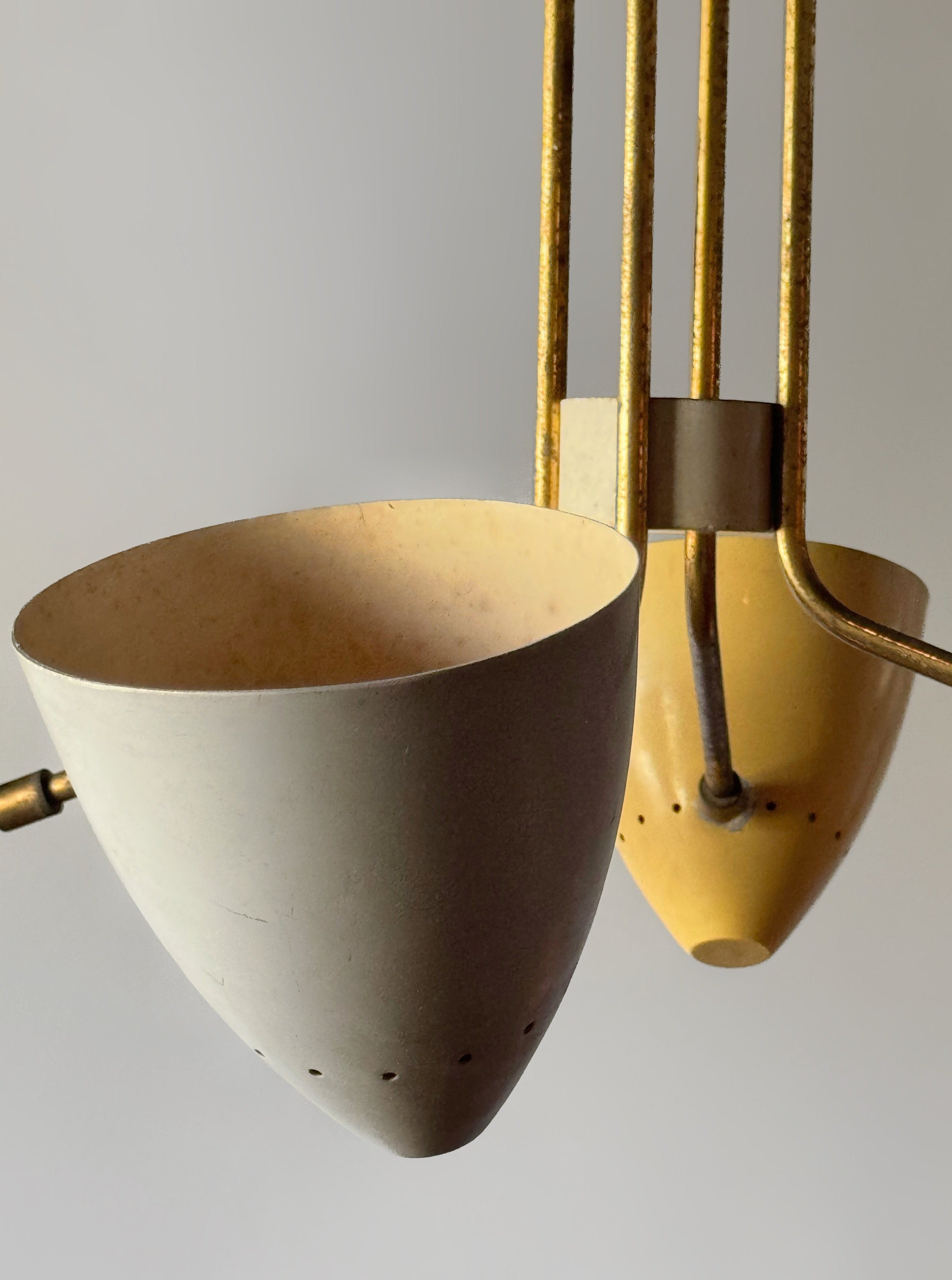 Italian Brass Chandelier with four Colorful Shades, 1950s　　