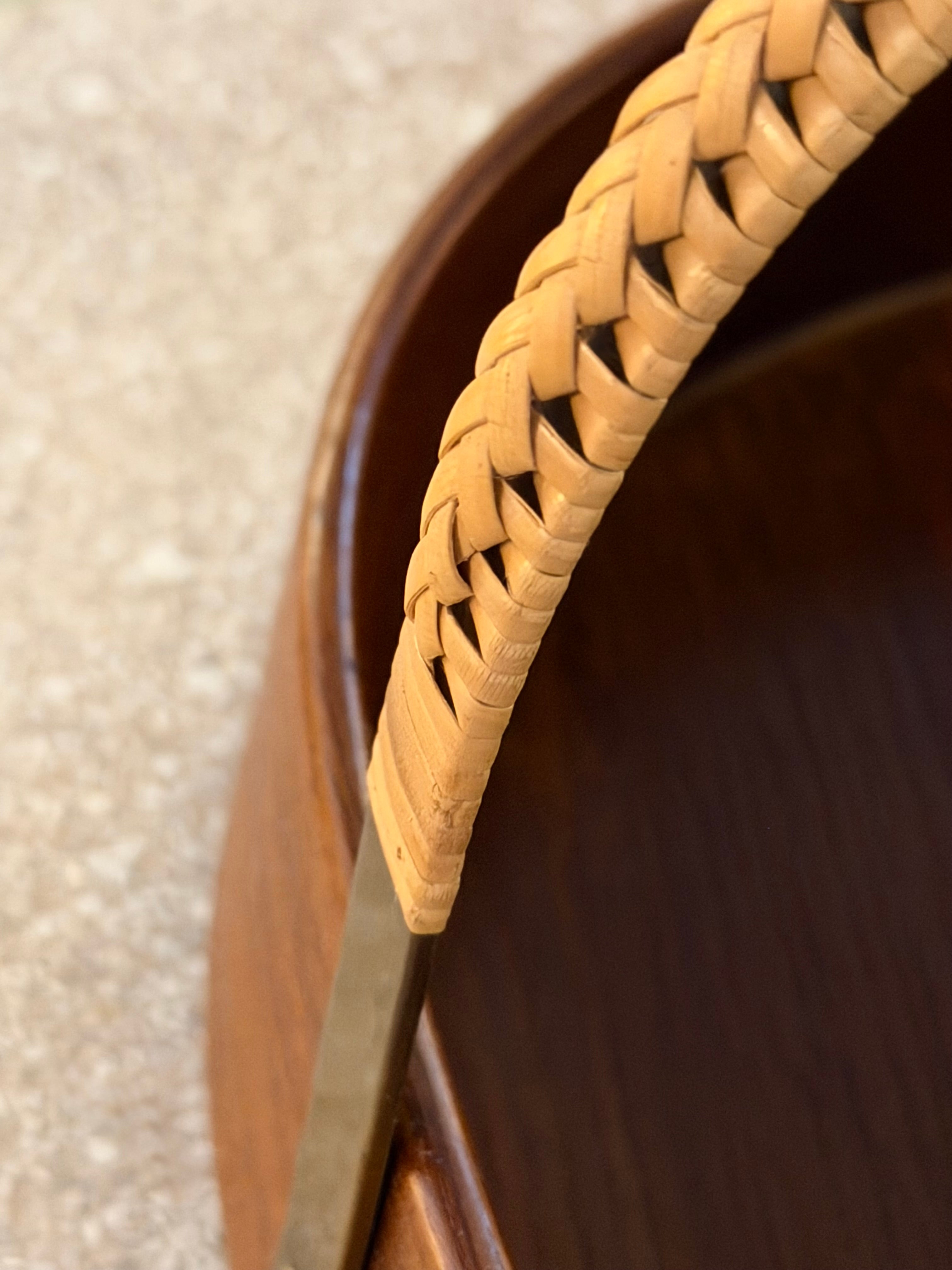 Large Teak Bowl with Brass and Rattan Handle by Carl Auböck, Austria, 1950s
