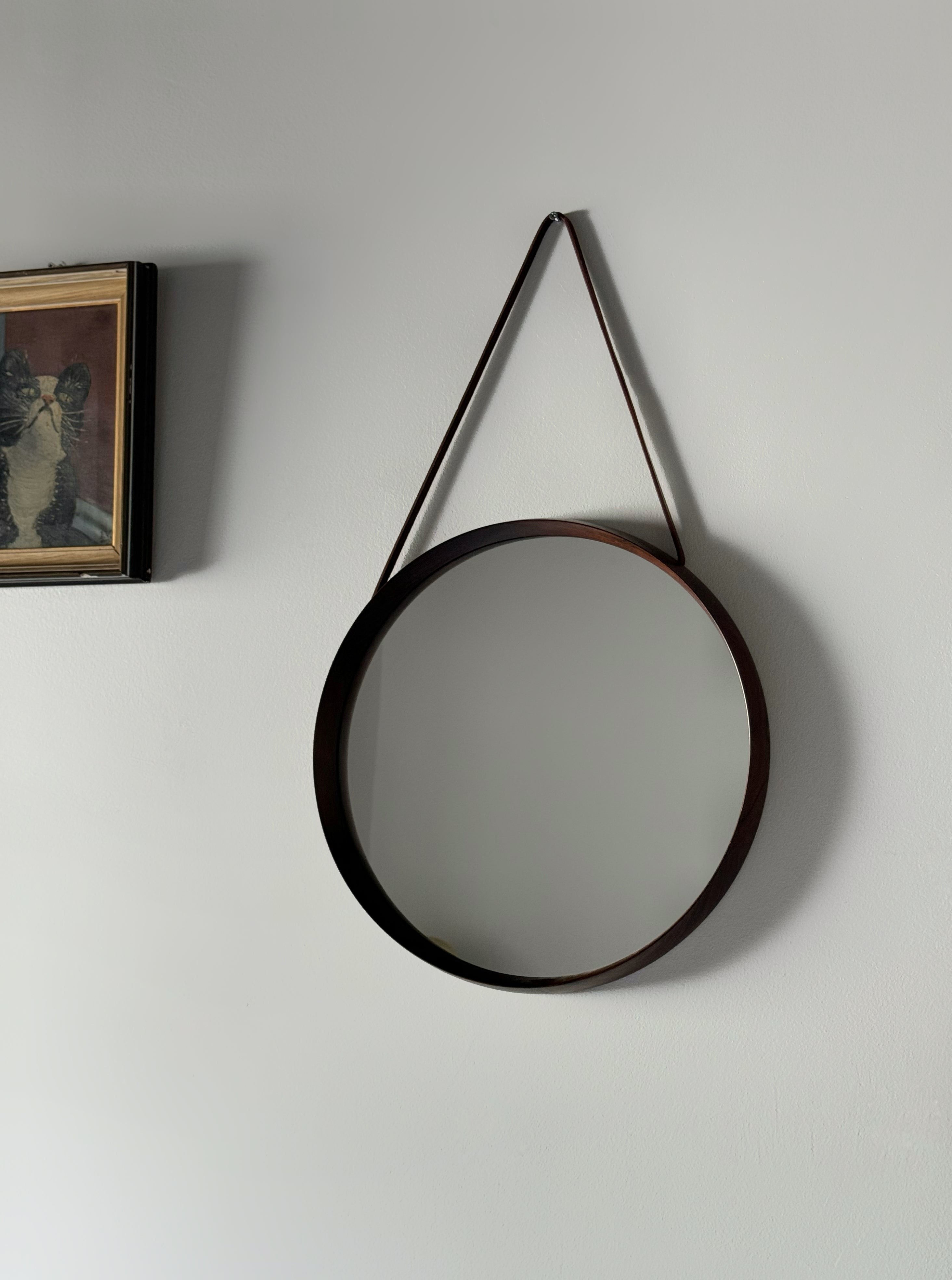 Wall mirror in rosewood and Leather by Uno & Östen Kristiansson for Luxus Vittsjö Möbelfabrik, 1960s Sweden