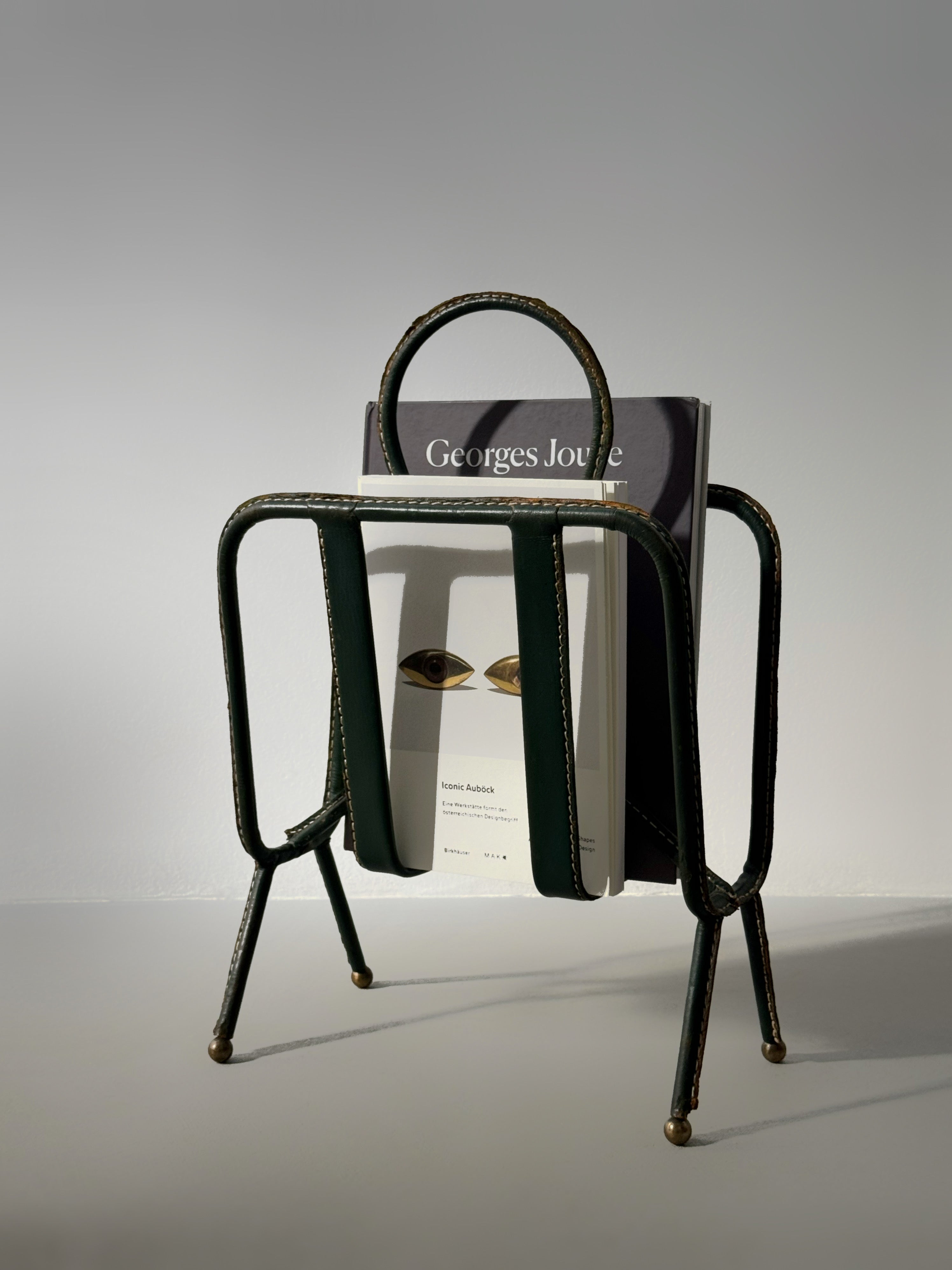 Green Leather Stitched Magazine Rack by Jacques Adnet, France 1950s