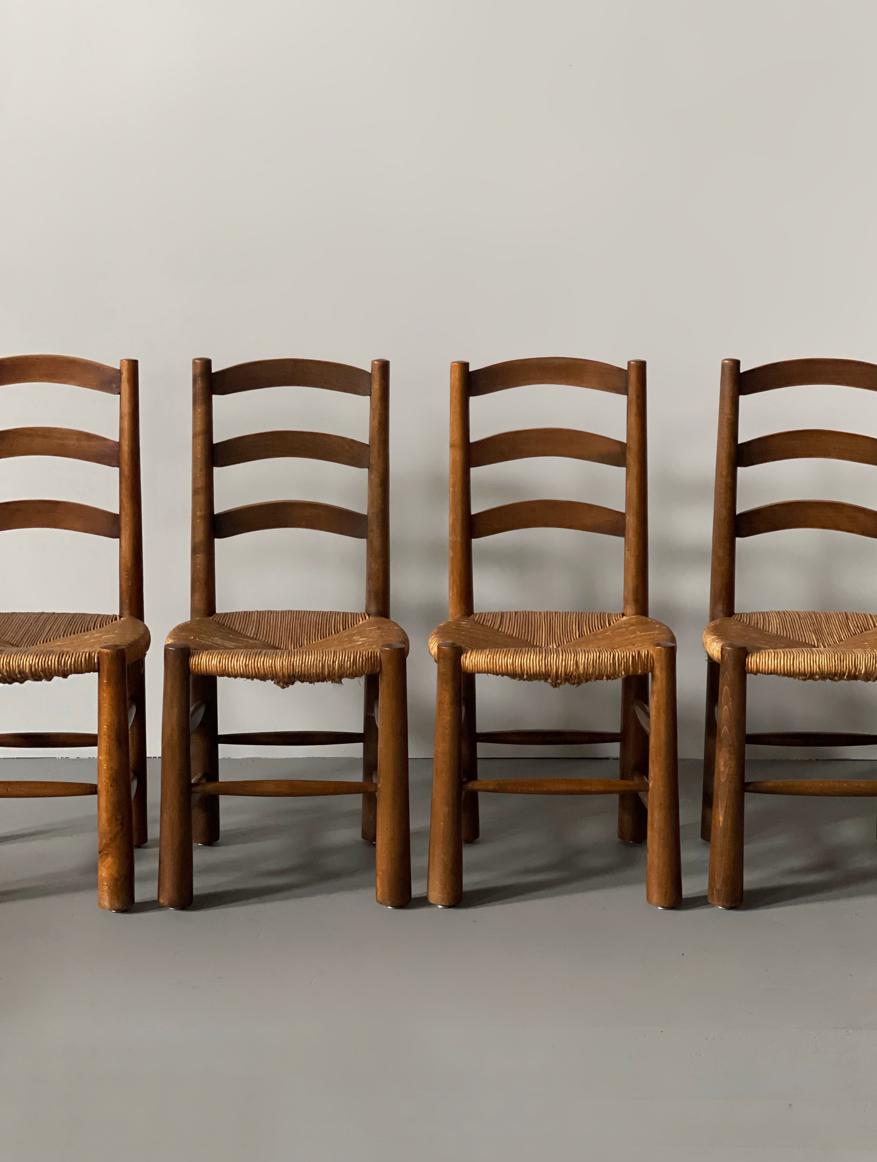 Set of 4 Georges Robert Dining Chairs in Oak and Rush France