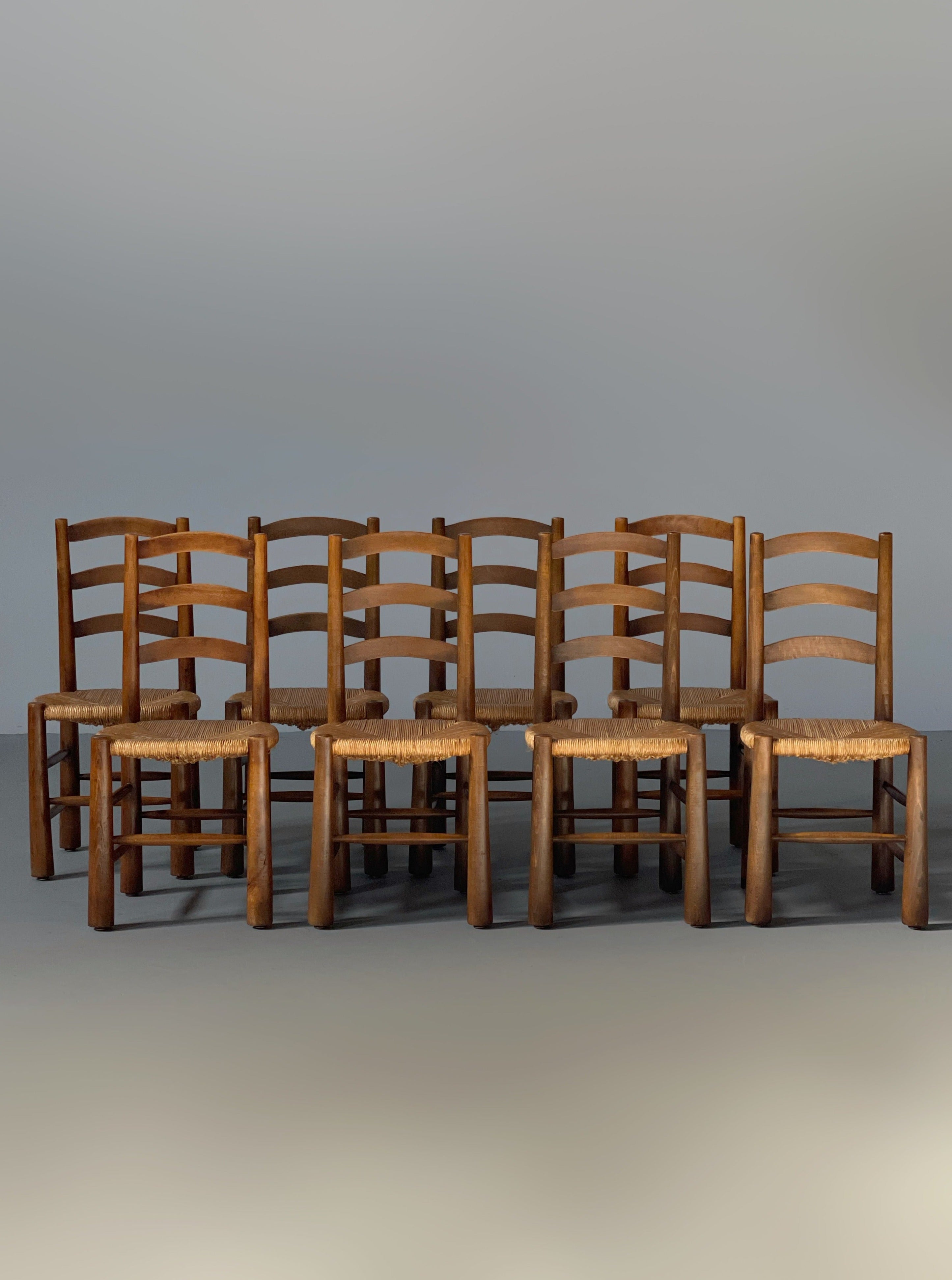Set of 4 Georges Robert Dining Chairs in Oak and Rush France