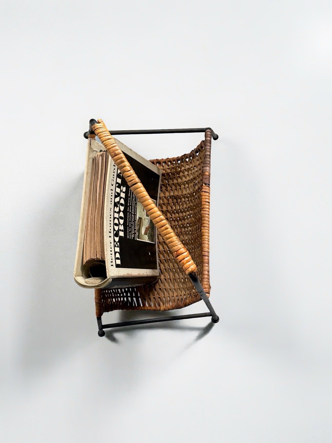 Vintage Rattan and Steel Magazine Rack, Italy 1950s