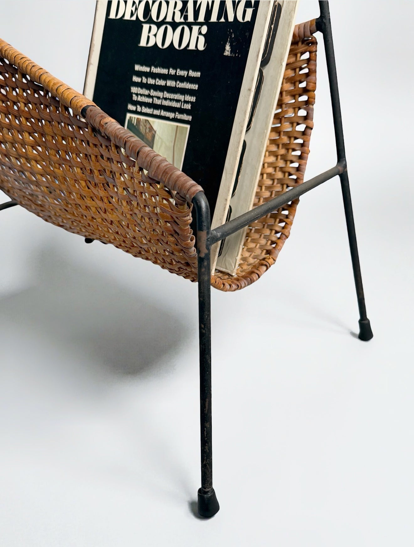 Vintage Rattan and Steel Magazine Rack, Italy 1950s