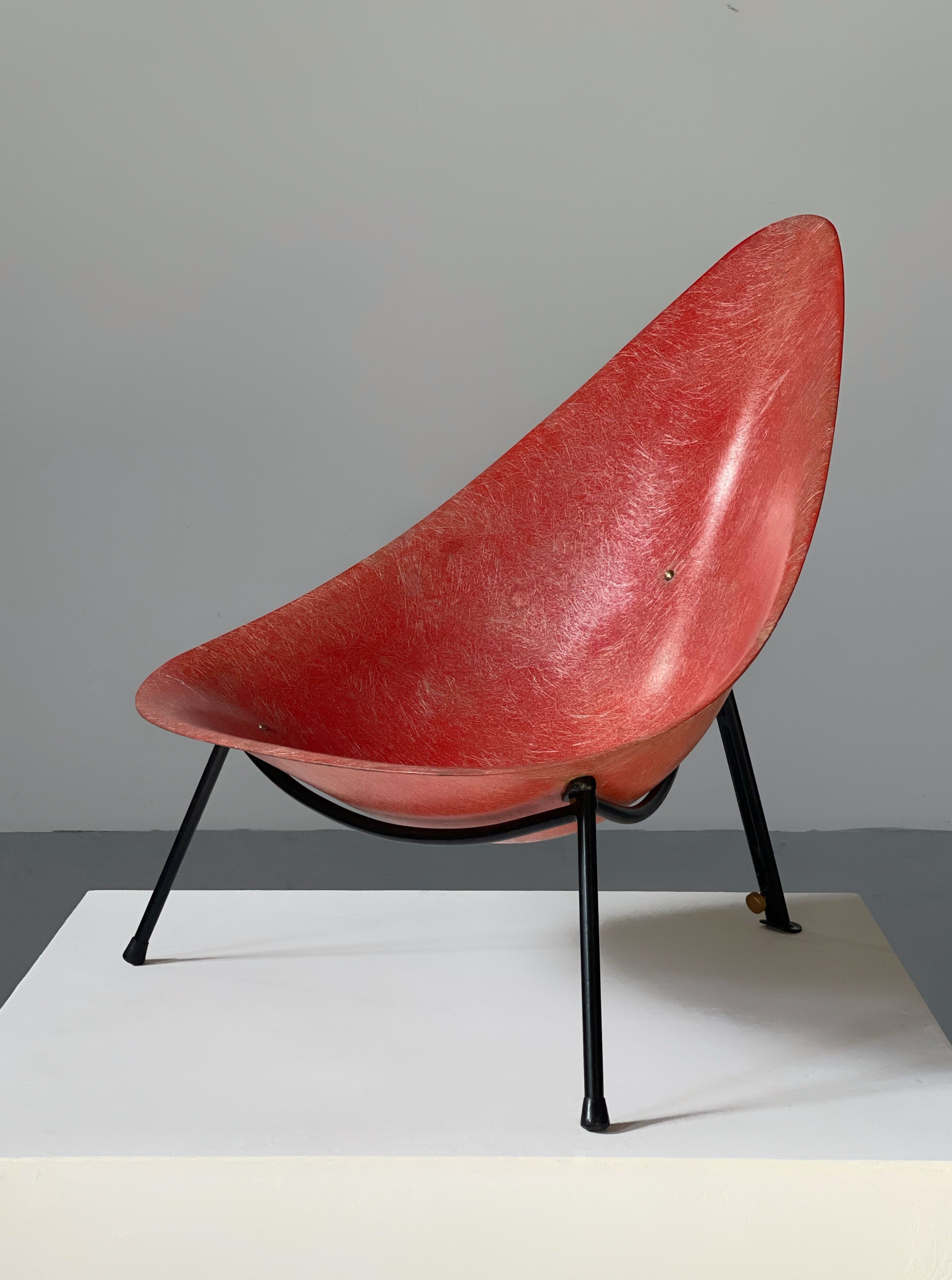 Early French Fiberglass Lounge Chair in red for Ed Merat 1956