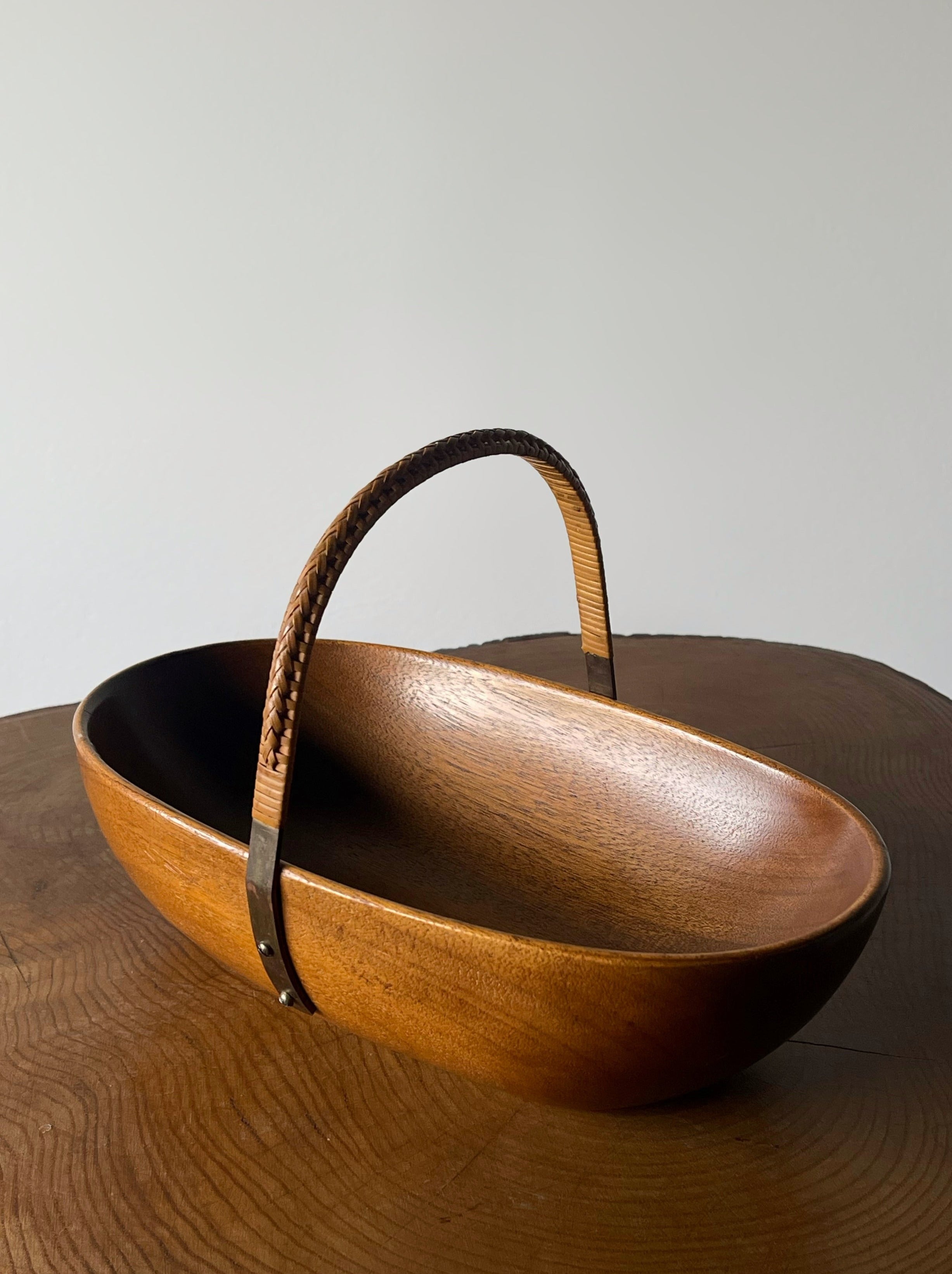 Wooden Bowl with Brass & Wicker Handle designed by Carl Auböck