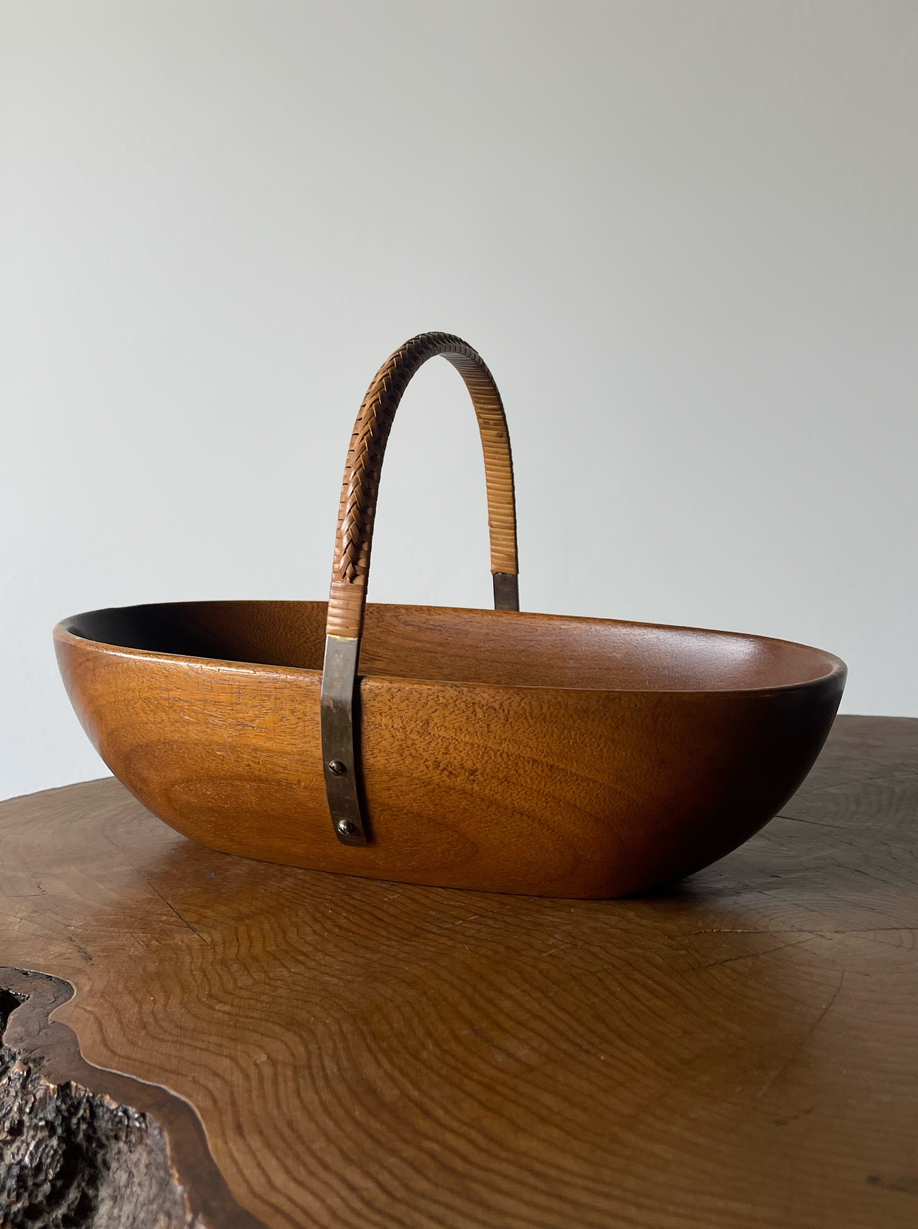 Wooden Bowl with Brass & Wicker Handle designed by Carl Auböck