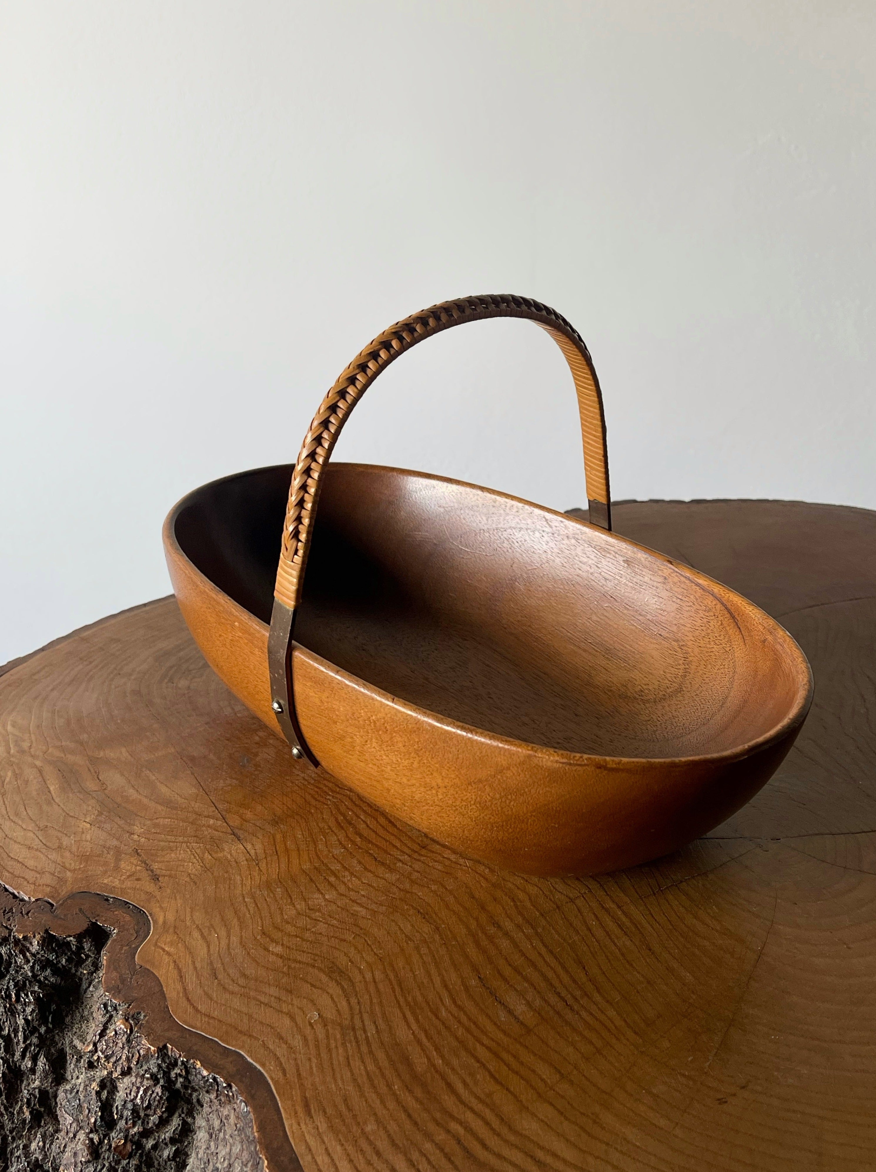 Wooden Bowl with Brass & Wicker Handle designed by Carl Auböck