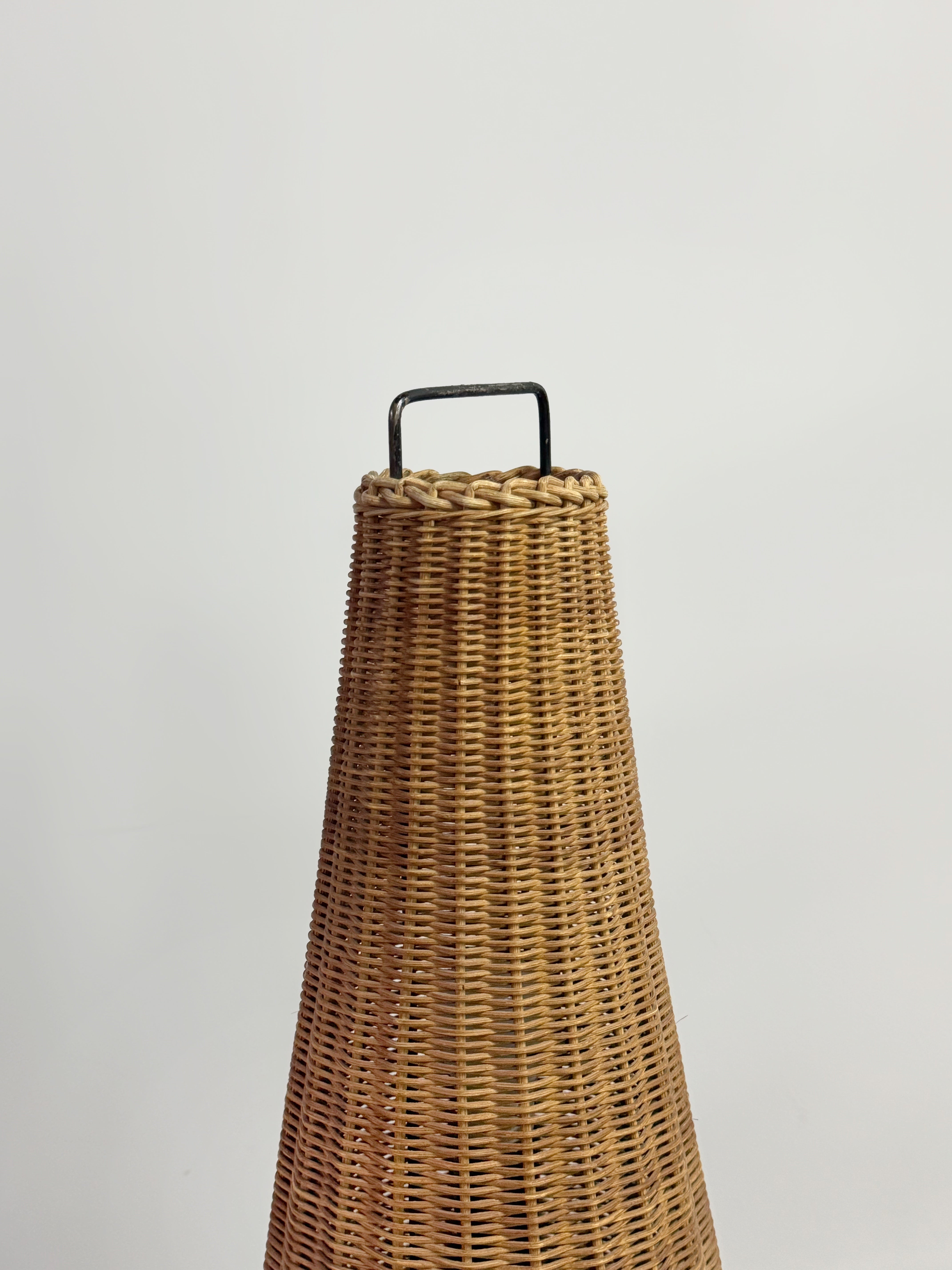 Tripod floor lamp with woven rattan basket, France 1950s