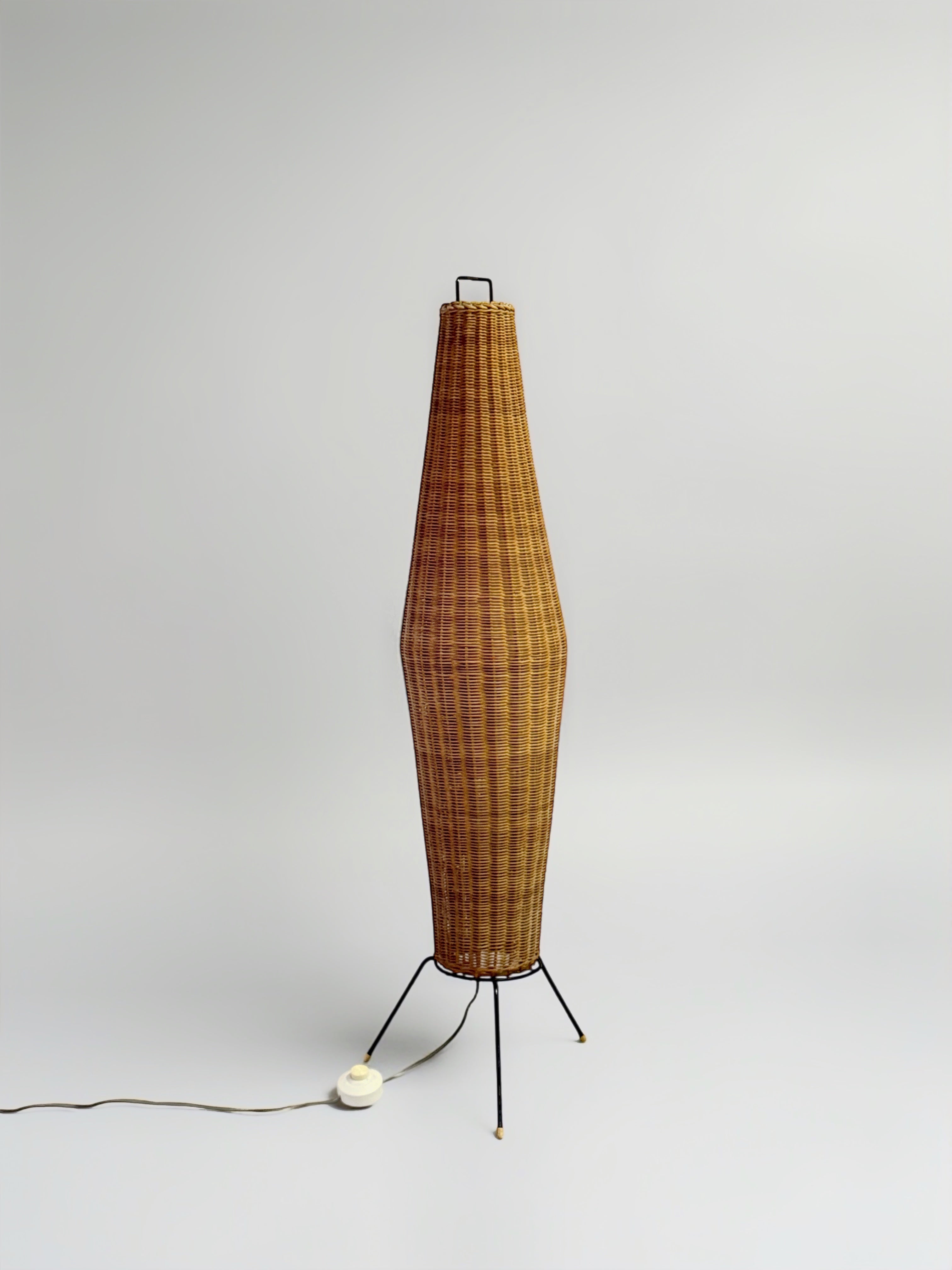 Tripod floor lamp with woven rattan basket, France 1950s