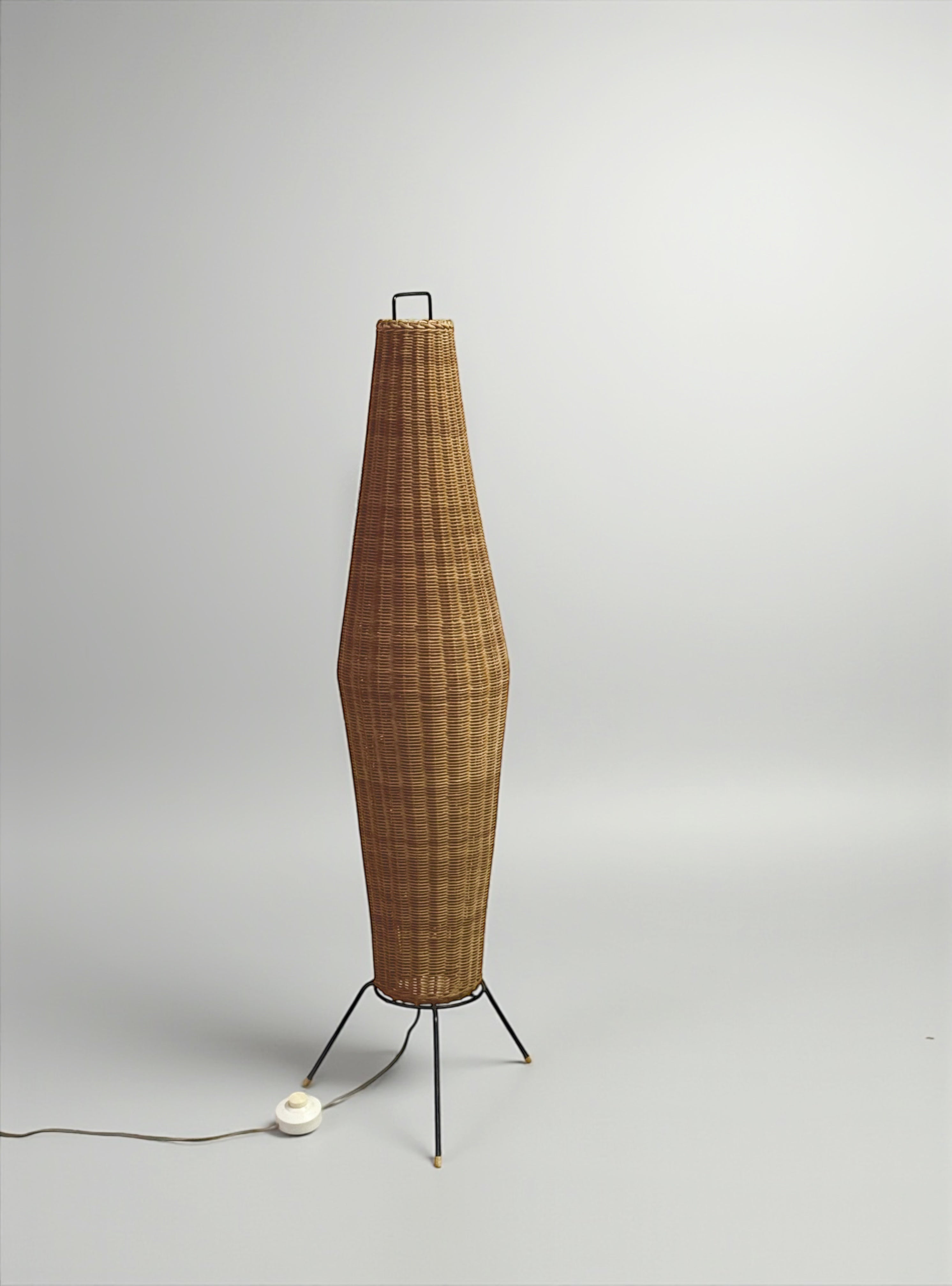 Tripod floor lamp with woven rattan basket, France 1950s