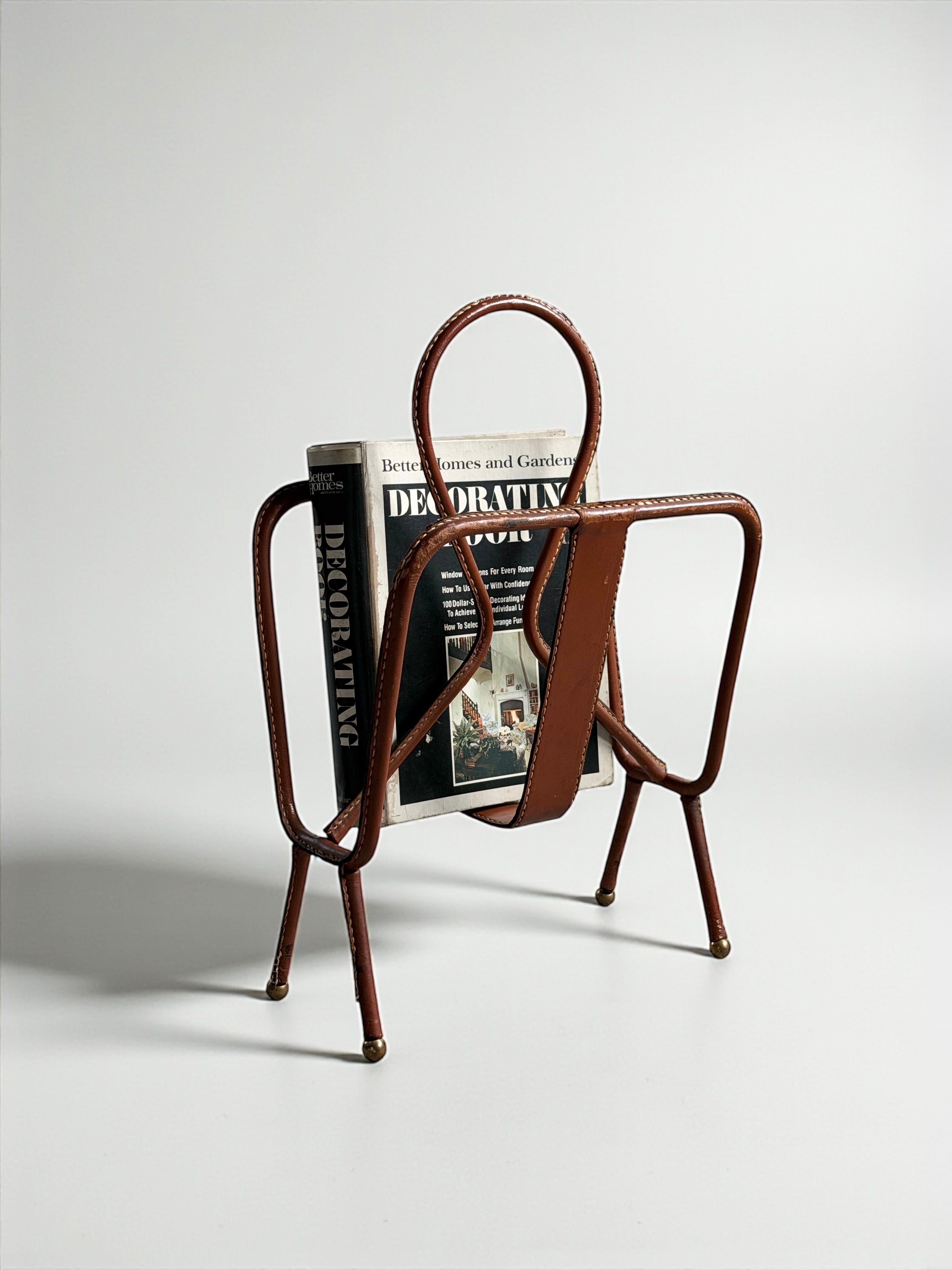 Leather Stitched Magazine Rack by Jacques Adnet, France 1950s