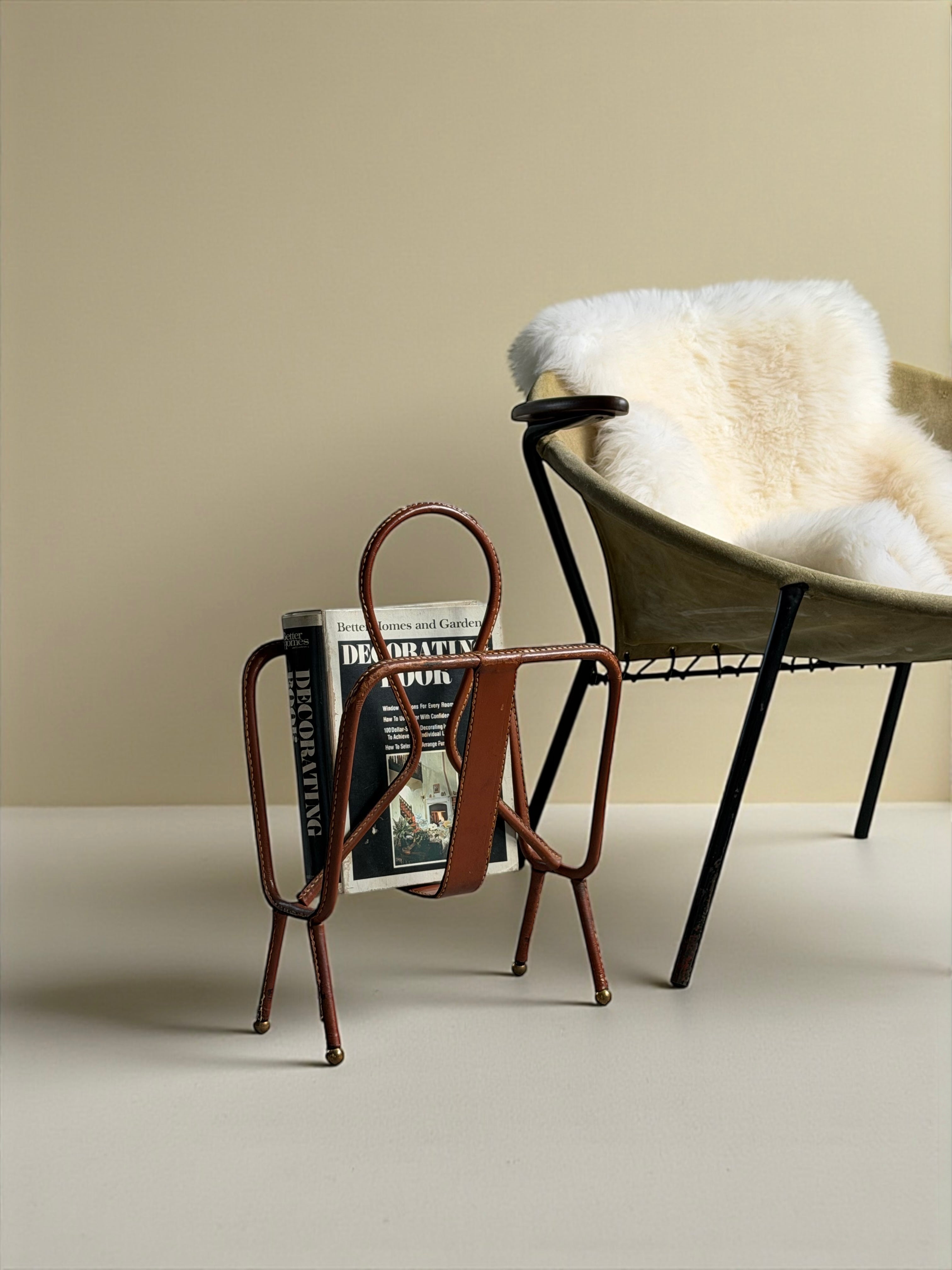 Leather Stitched Magazine Rack by Jacques Adnet, France 1950s