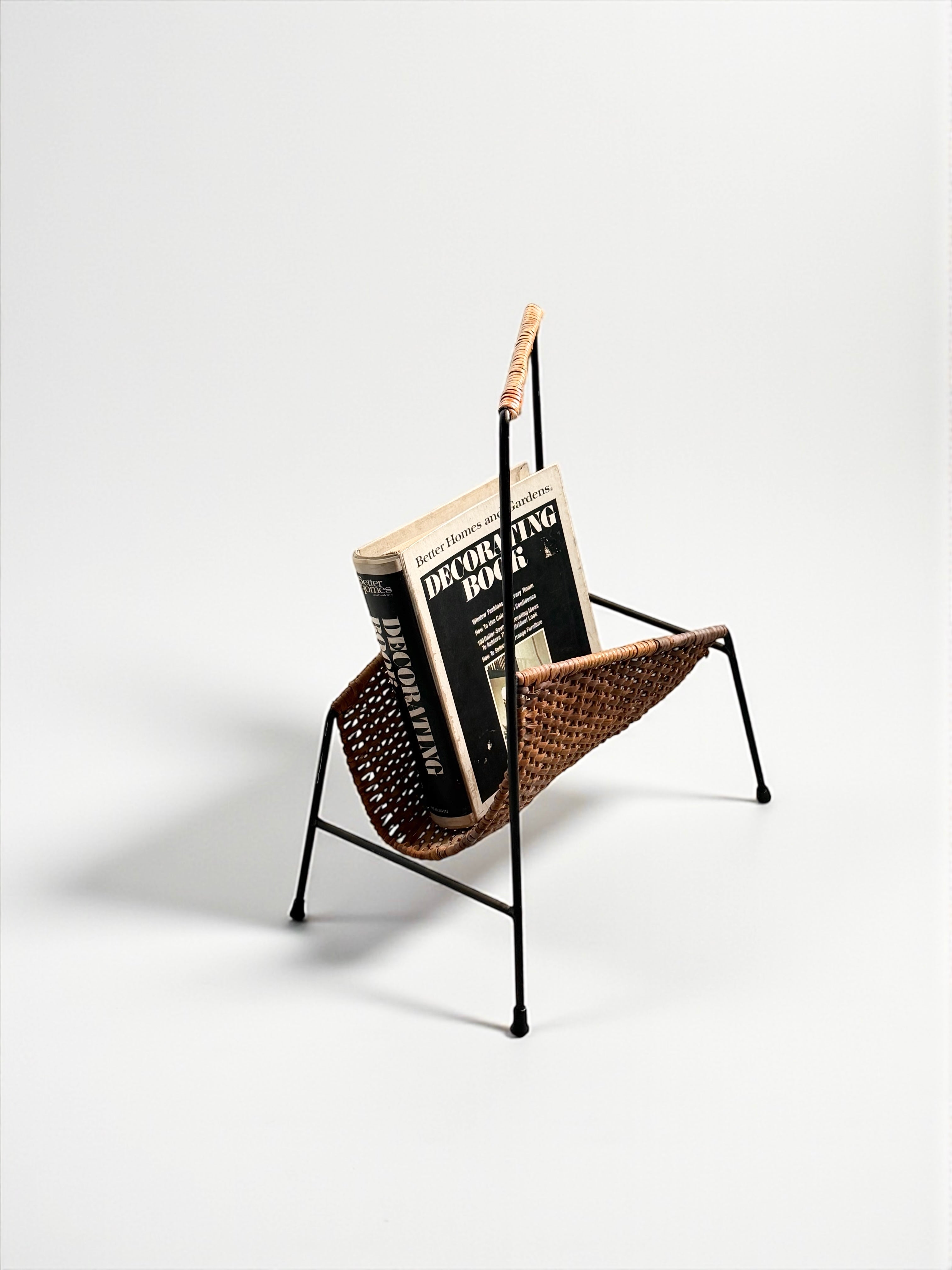 Vintage Rattan and Steel Magazine Rack, Italy 1950s
