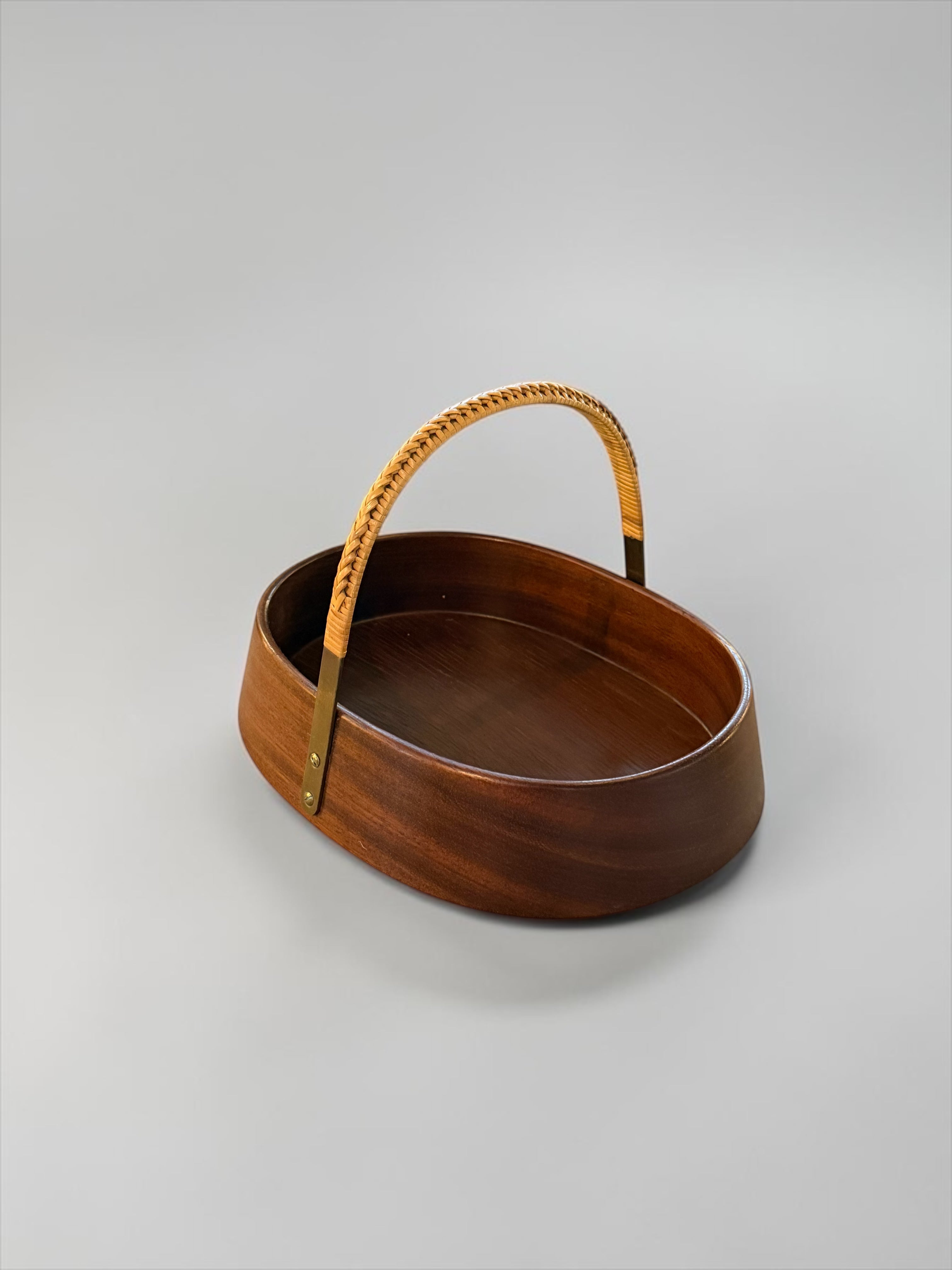 Large Teak Bowl with Brass and Rattan Handle by Carl Auböck, Austria, 1950s