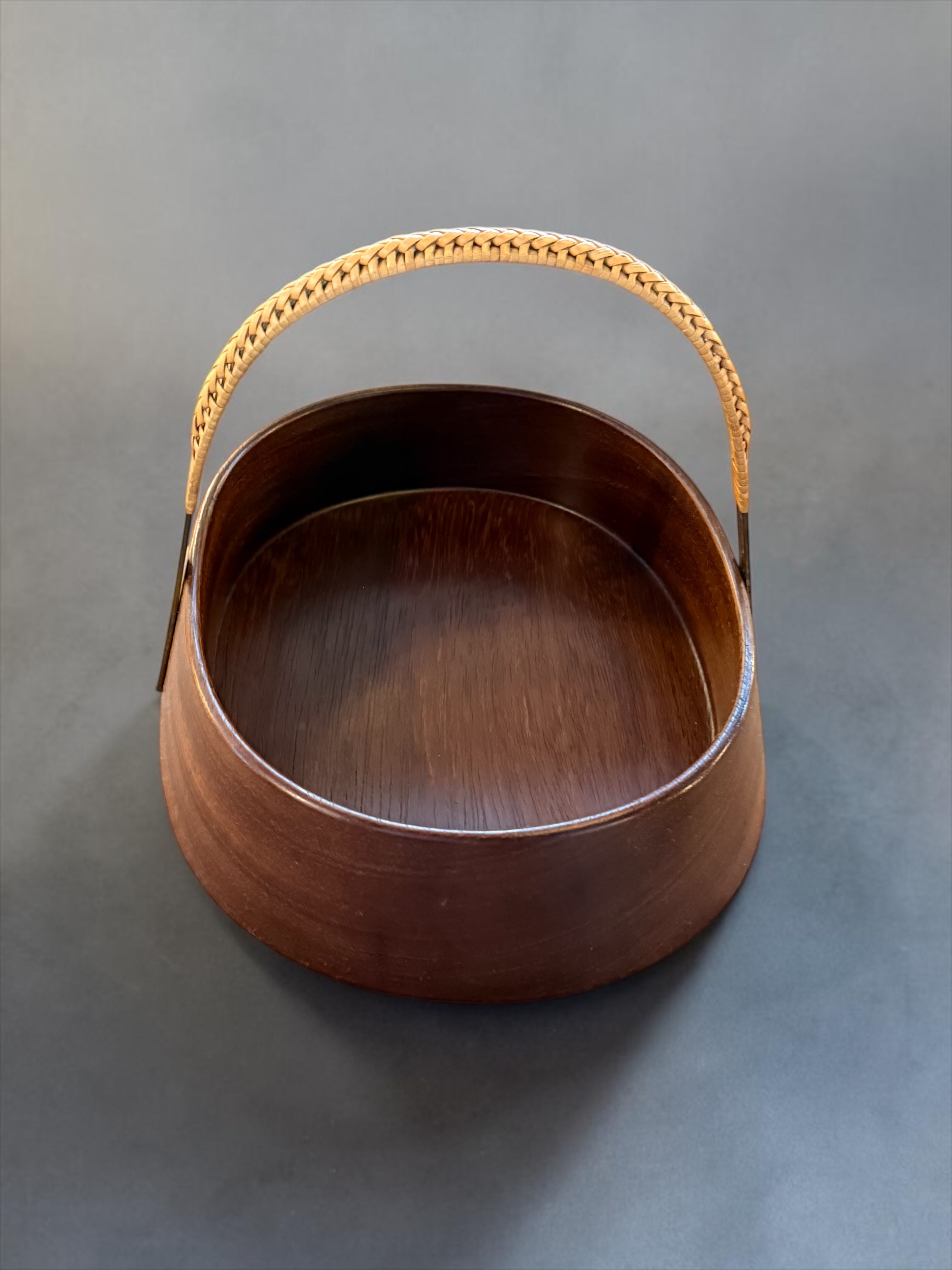 Large Teak Bowl with Brass and Rattan Handle by Carl Auböck, Austria, 1950s