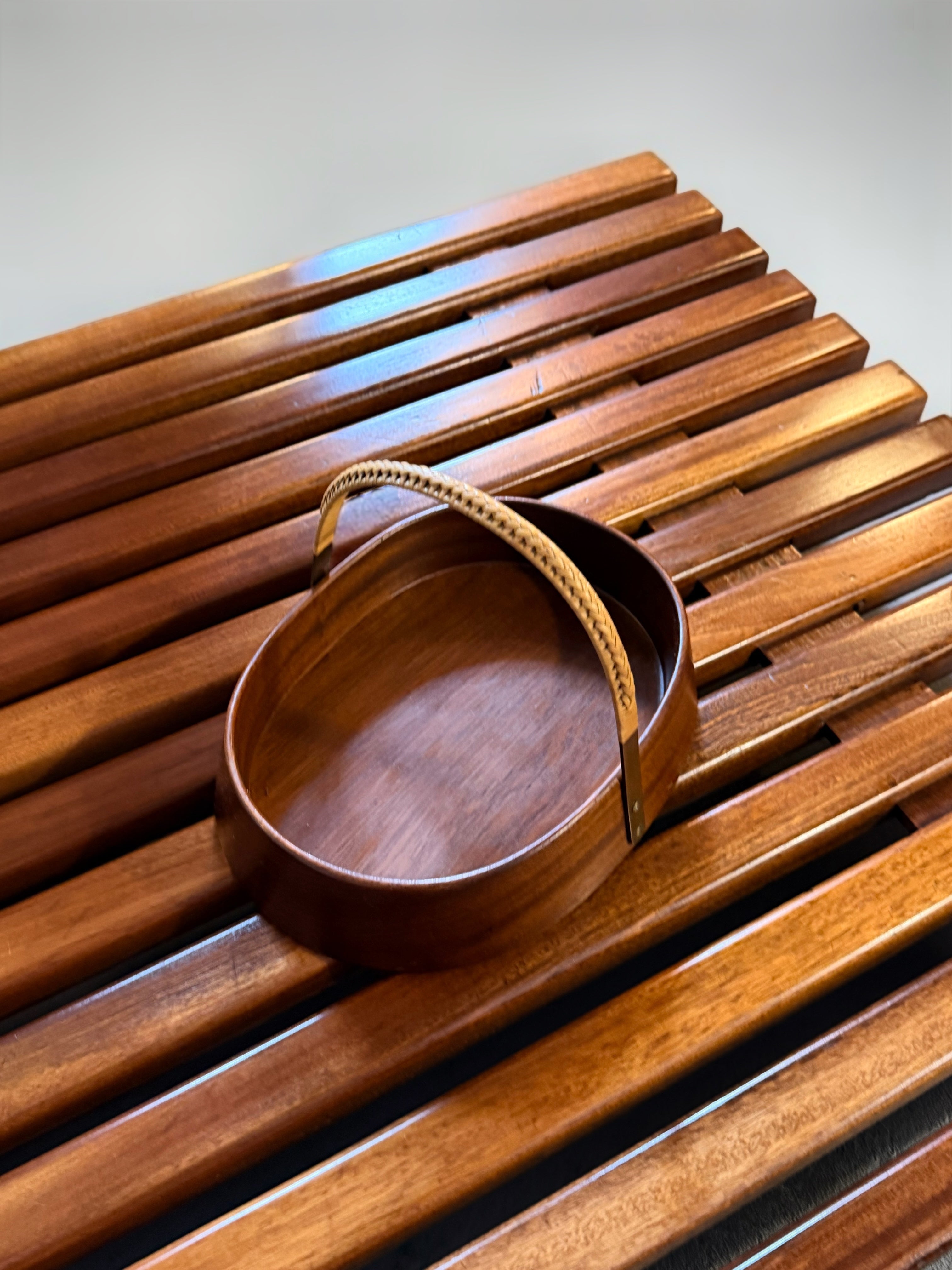 Large Teak Bowl with Brass and Rattan Handle by Carl Auböck, Austria, 1950s