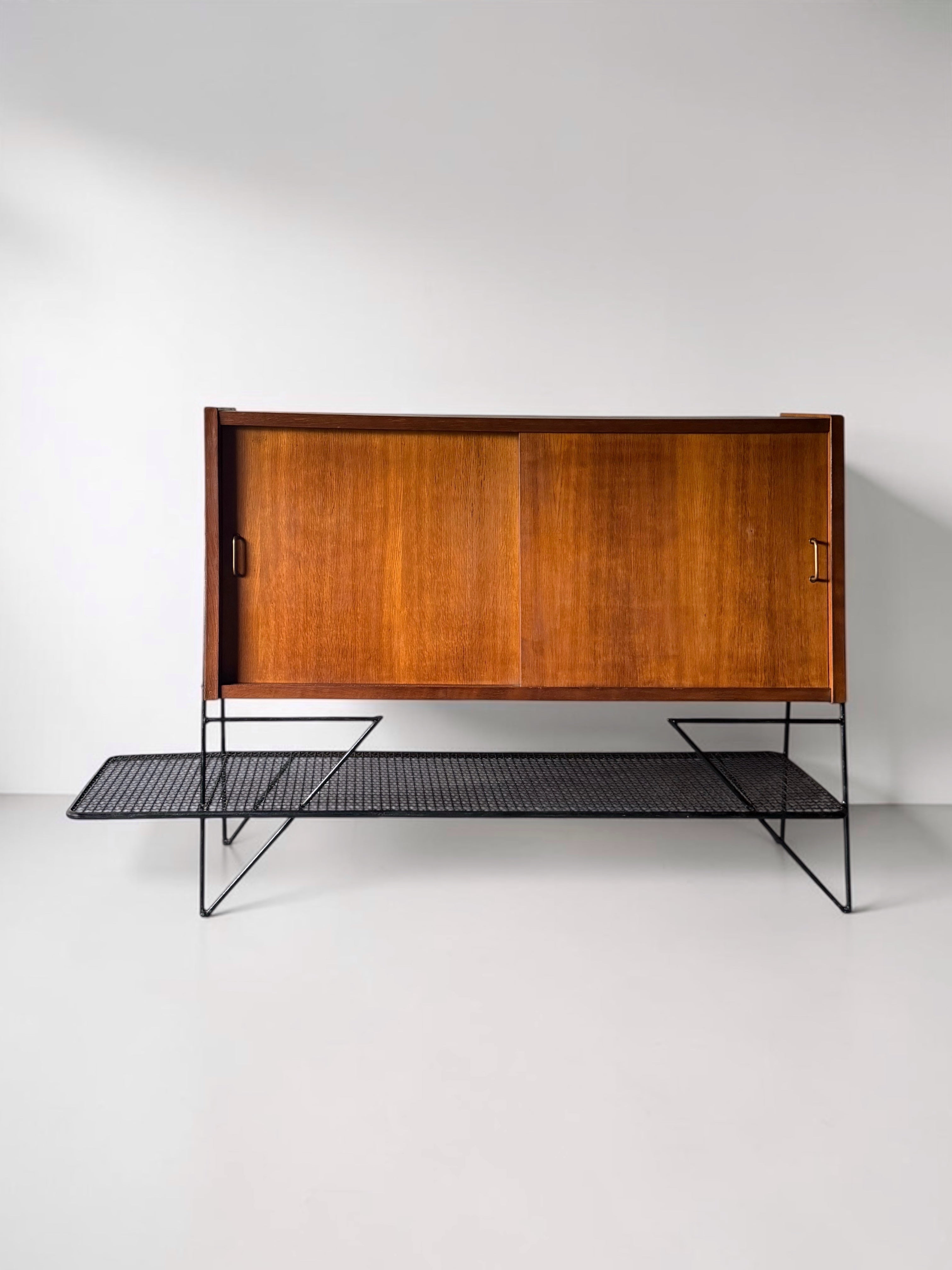 Cabinet in oak and black metal by Jacques Hitier for Tubauto, France 1950s
