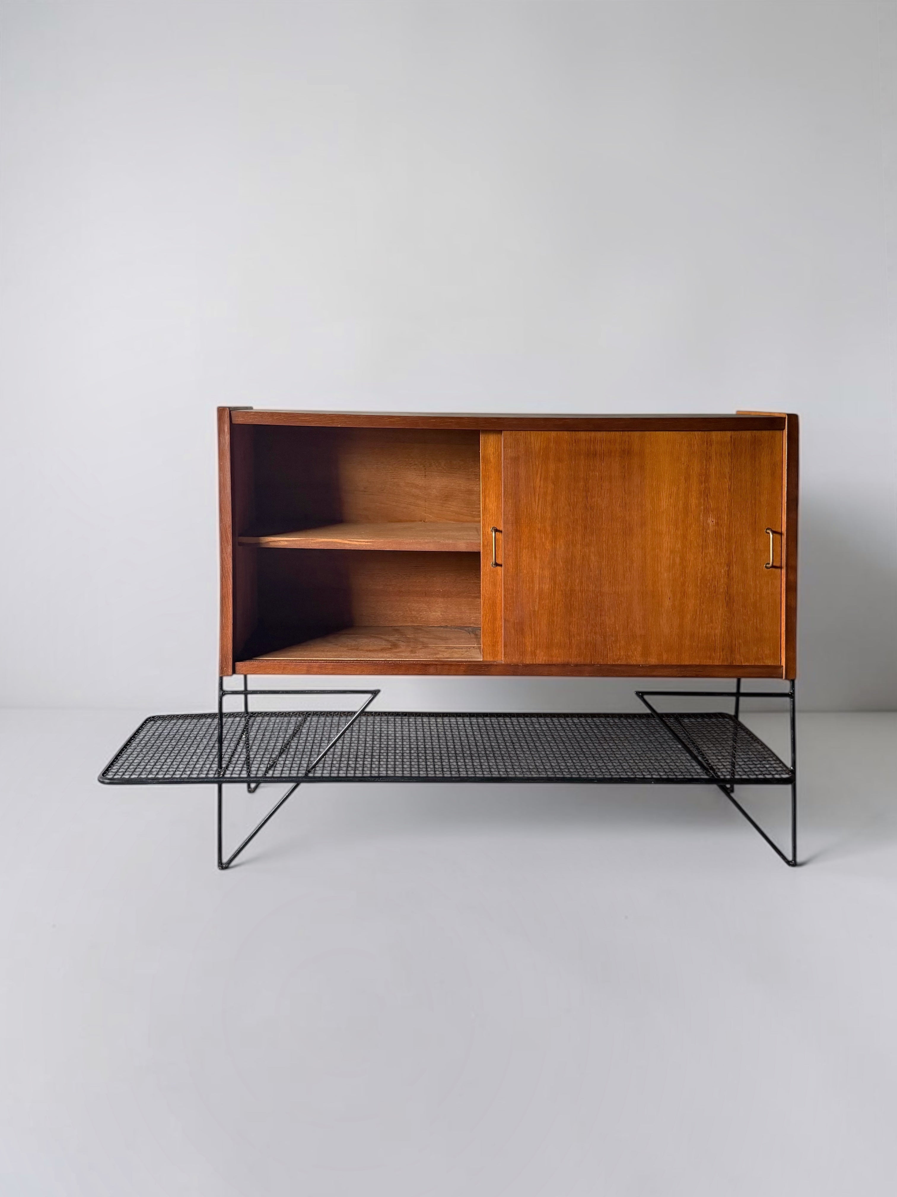 Cabinet in oak and black metal by Jacques Hitier for Tubauto, France 1950s